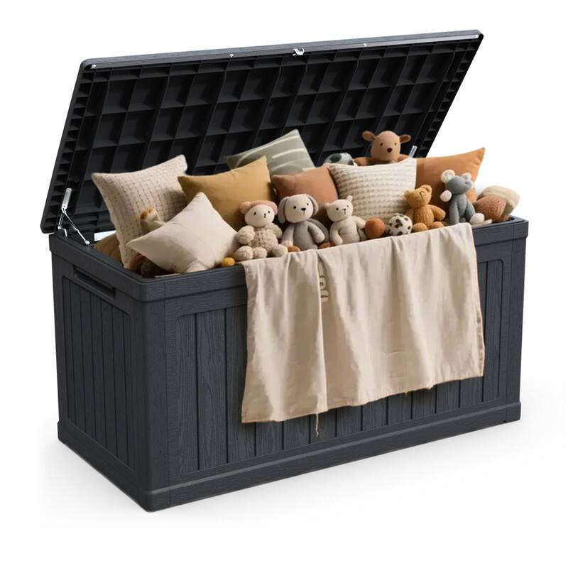 Back. HTUTWOO - 230 Gallon Large Outdoor Storage Deck Box - XXL Waterproof Resin Container for Patio Garden Pools Equipment, Lockable - Black.