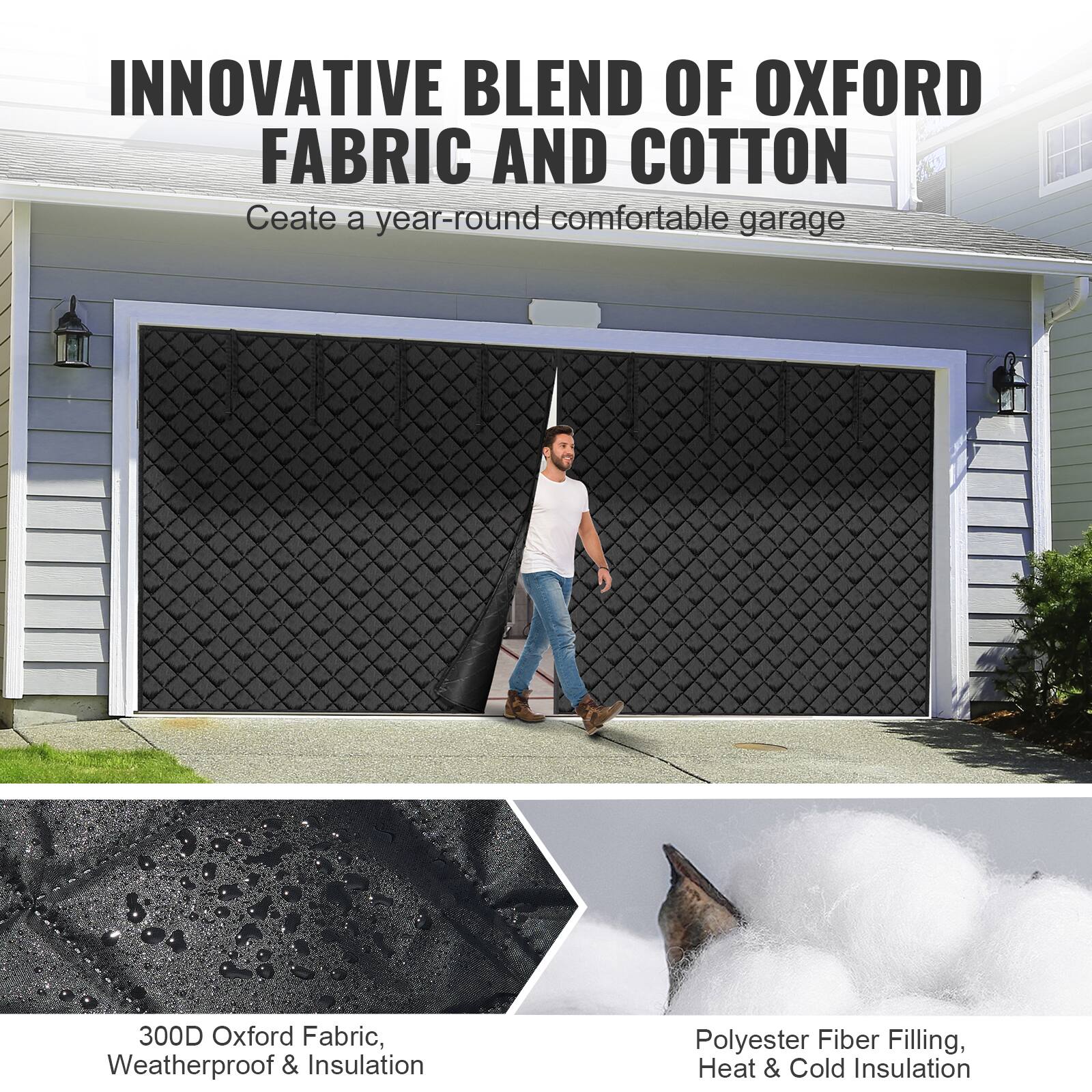 INNOVATIVE BLEND OF OXFORD FABRIC AND COTTON  
Create a year-round comfortable garage  

300D Oxford Fabric, Weatherproof & Insulation  
Polyester Fiber Filling, Heat & Cold Insulation