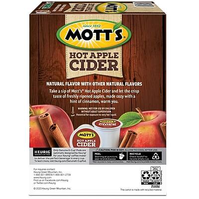 Sure, here is the corrected and grouped text from the image:

---

**Front of the Box:**

- **Top Left:** KM since 1842
- **Top Center:** Mott's
- **Top Right:** Hot Apple Cider
- **Middle:** Natural Flavor with Other Natural Flavors
- **Description:** Take a sip of Mott's Hot Apple Cider and let the crisp taste of freshly ripened apples, made cozy with a hint of cinnamon, warm you.
- **Bottom Left:** Mott's Hot Apple Cider
- **Bottom Right:** For use with B1 Y only

**Side of the Box:**

- **Top:** KEURIG
- **Middle:** Designed for the Keurig® system. For the perfect cup every time.
- **Bottom:** For more information, call 1-800-273-0729 or visit www.kurig.com
- **Bottom Right:** © 2023 Keurig Green Mountain, Inc.

**Back of the Box:**

- **Top Left:** PEEL TO COOL
- **Top Right:** RECYCLE
- **Middle:** WARNING: Hot liquid can cause burns. Handle with care