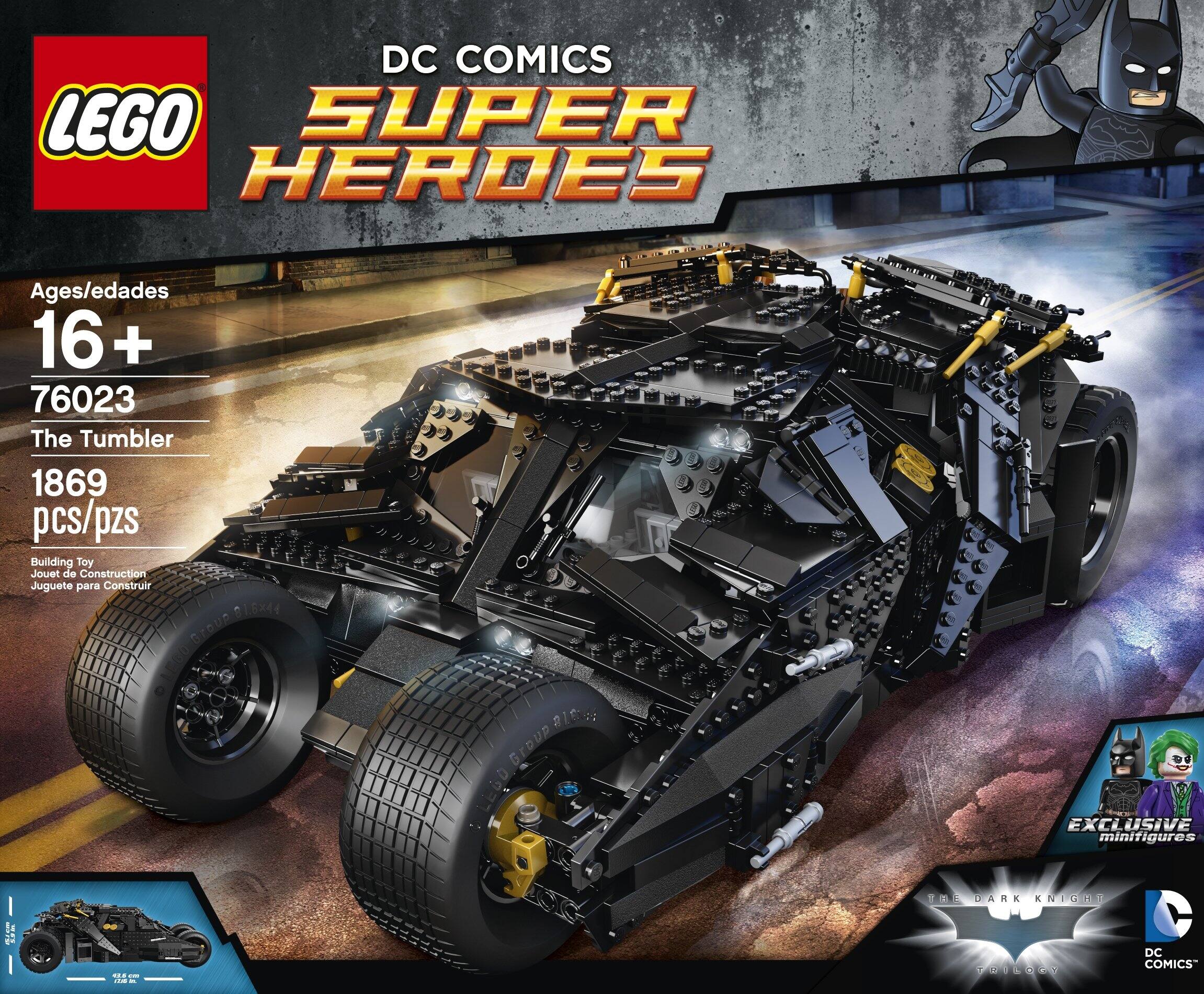 DC COMICS LEGO SUPER HEROES  
Ages/edades 16+  
76023 The Tumbler  
1869 pcs/pzs  
Building Toy de Construction Juguete para Construir  

EXCLUSIVE minifigures  
THE DARK KNIGHT  
DC COMICS