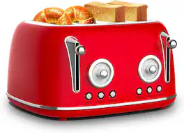 MOOSOO - Stainless Steel Toaster 4 Slice, Dual Control with Warming Rack, 6 Settings, Bagel/Defrost Functions, Removable Tray - Red