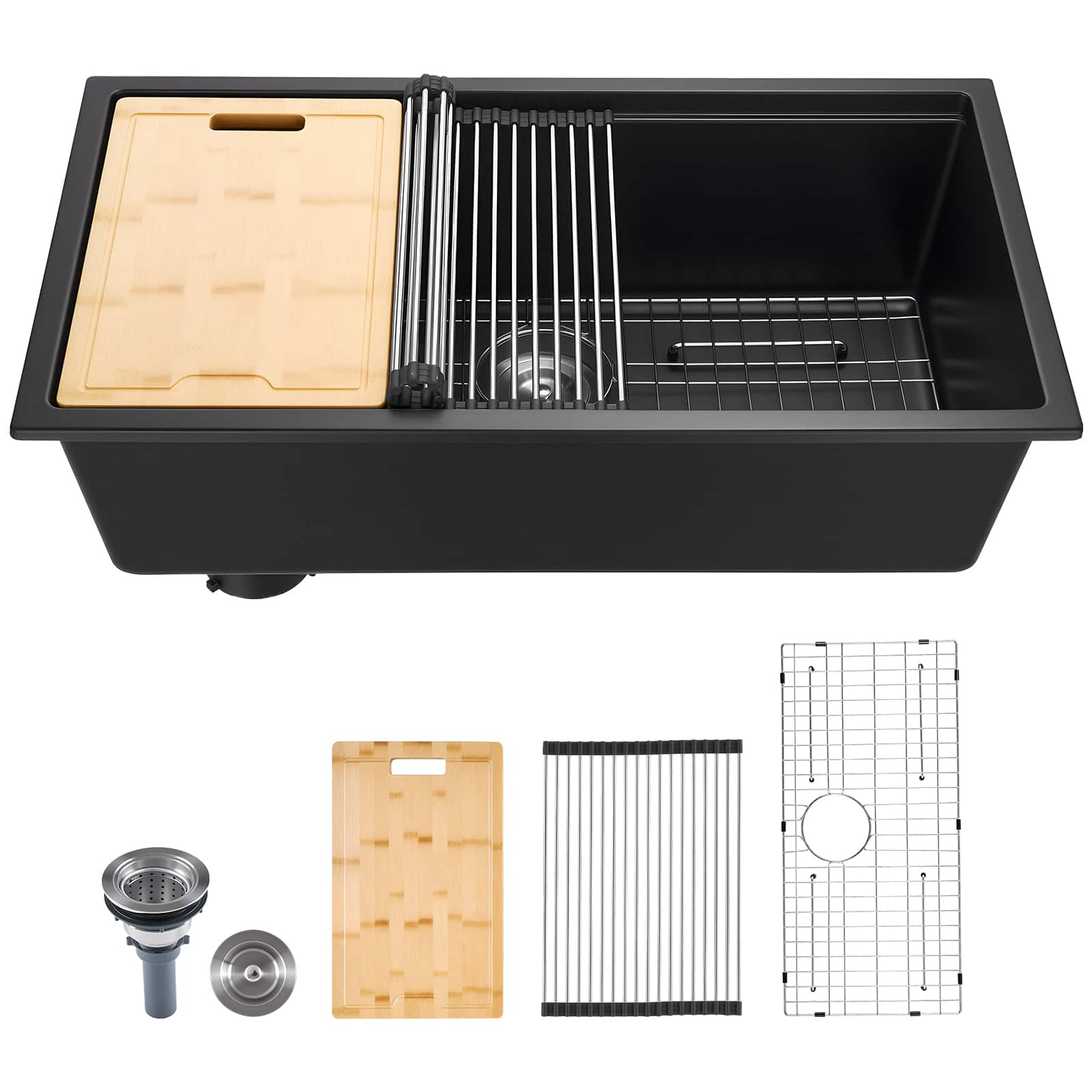 VEVOR - 33 inch Kitchen Sink Workstation,Undermount Granite Sink,Drop-In Single Bowl Farmhouse Basin with Multiple Accessories - Black