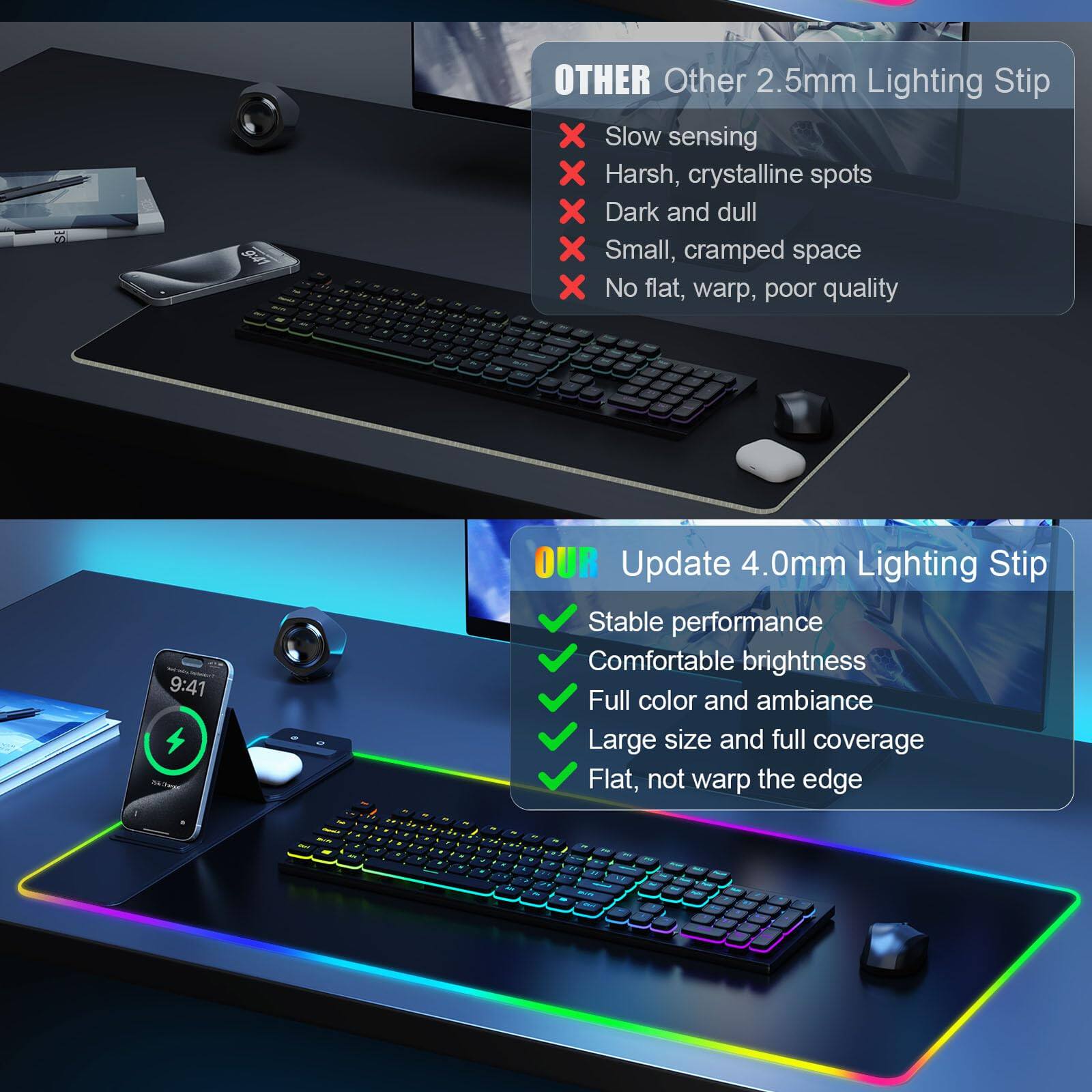 **OTHER 2.5mm Lighting Strip**
- Slow sensing
- Harsh, crystalline spots
- Dark and dull
- Small, cramped space
- No flat, warp, poor quality

**Update 4.0mm Lighting Strip**
- Stable performance
- Comfortable brightness
- Full color and ambiance
- Large size and full coverage
- Flat, not warp the edge