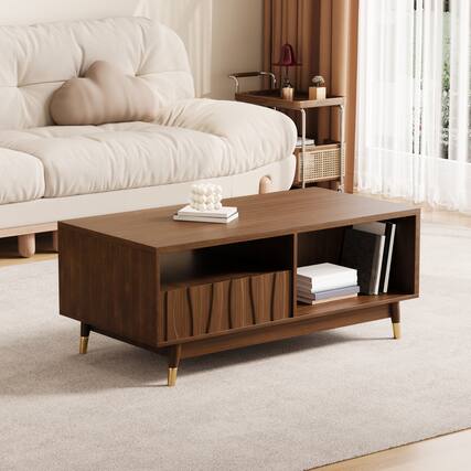 Front. MSOOB - 47" Mid Century Modern Wooden Coffee Table, Retro Brown Walnut Finish Rectangular Side Table - Brown.