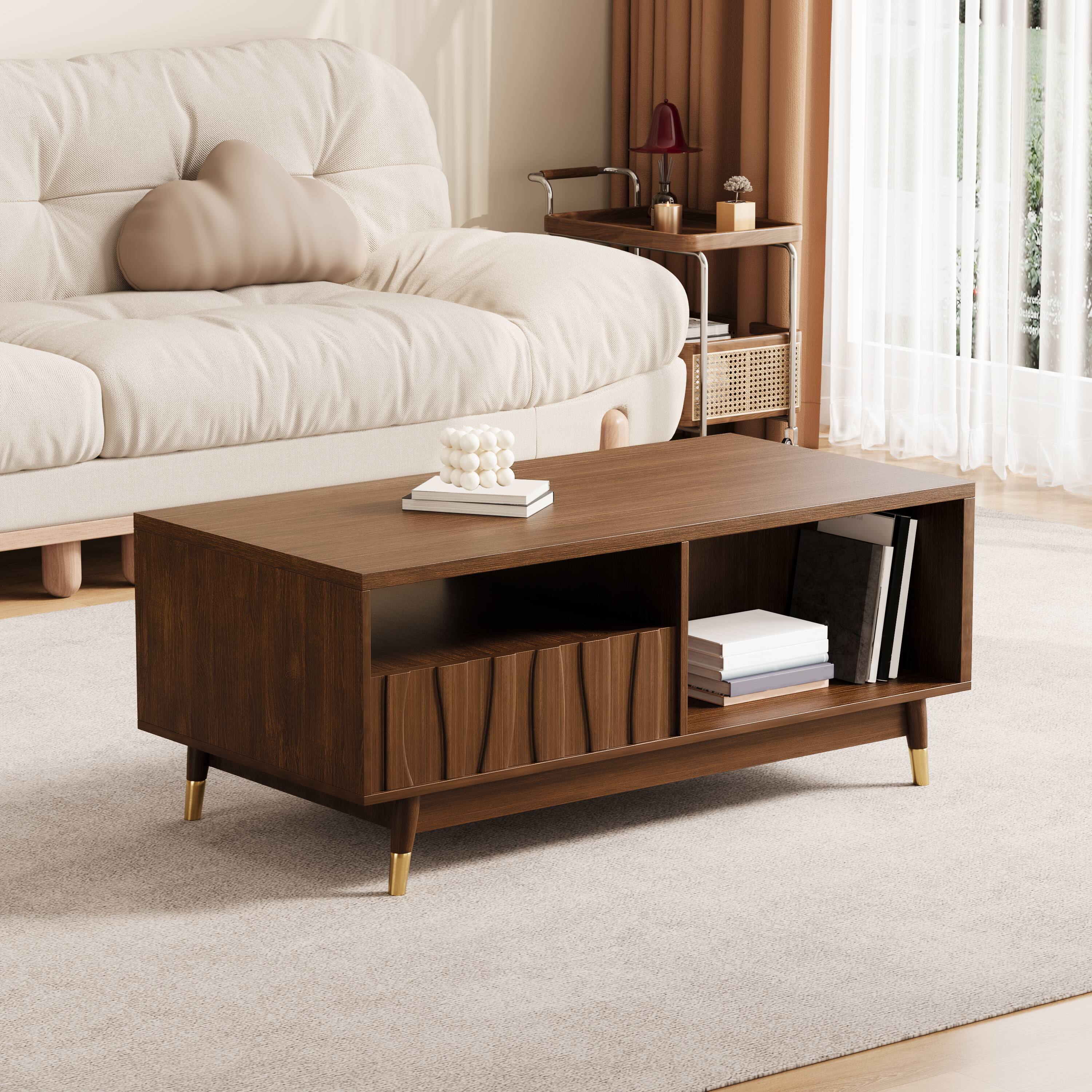 Front. MSOOB - 47" Mid Century Modern Wooden Coffee Table, Retro Brown Walnut Finish Rectangular Side Table - Brown.