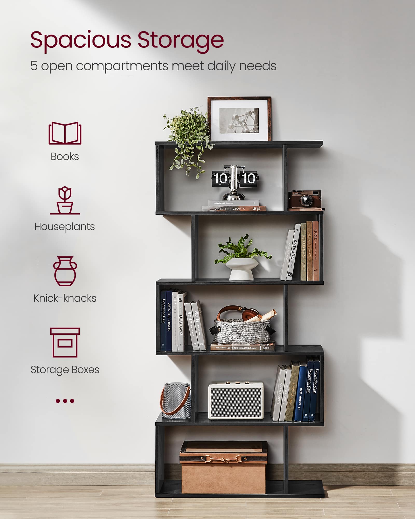 Songmics Home Bookshelf, 5 Tier Bookcase, Tall Display Shelf