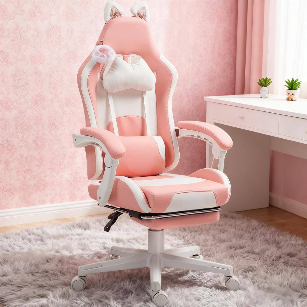 Alt View 1. Siljoy - Kawaii Cat Gaming Chair with Footrest, Removable Cat Ears & Paw, Lumbar Support for Home and Office - Pink,White.