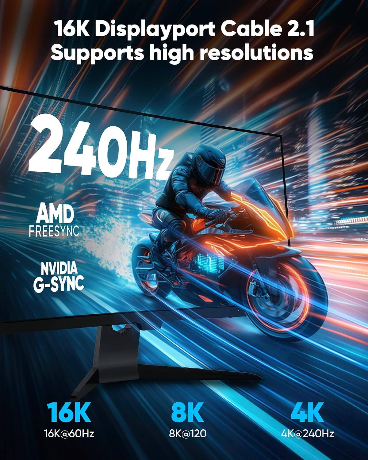 16K Displayport Cable 2.1 Supports high resolutions 240Hz AMD FREESYNC NVIDIA G-SYNC 16K 16K@60Hz 8K 8K@120 4K 4K@240Hz