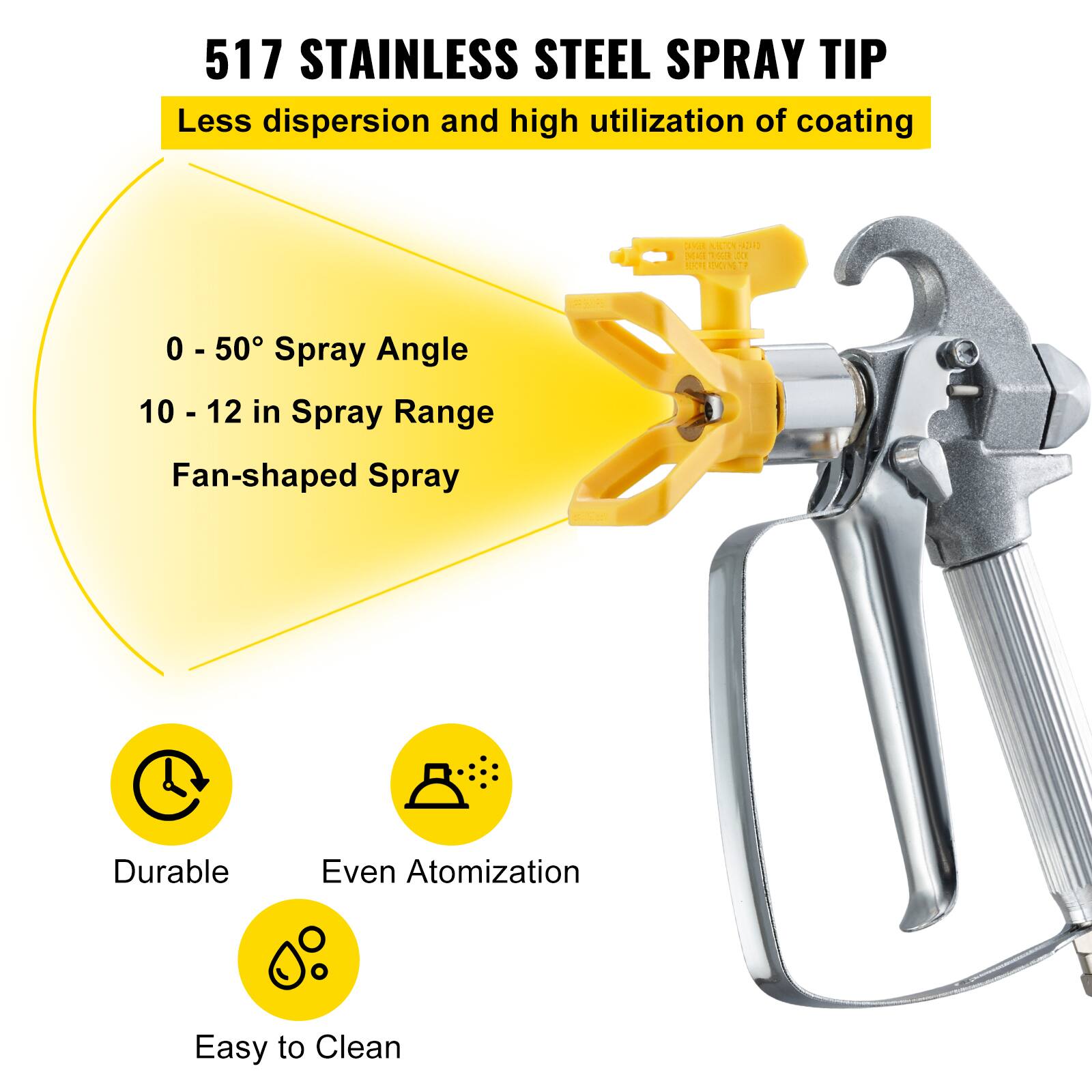 517 Stainless Steel Spray Tip  
Less dispersion and high utilization of coating  

- 0 - 50° Spray Angle  
- 10 - 12 in Spray Range  
- Fan-shaped Spray  

Durable  
Even Atomization  
Easy to Clean