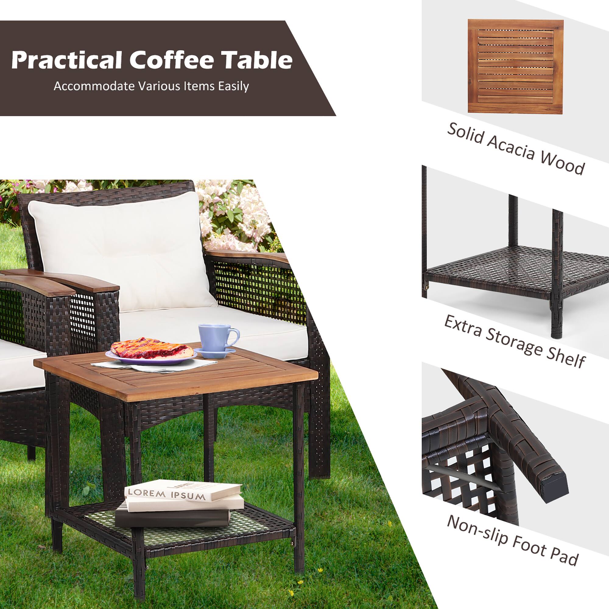 Practical Coffee Table  
Accommodate Various Items Easily  

Solid Acacia Wood  

Extra Storage Shelf  

Non-slip Foot Pad