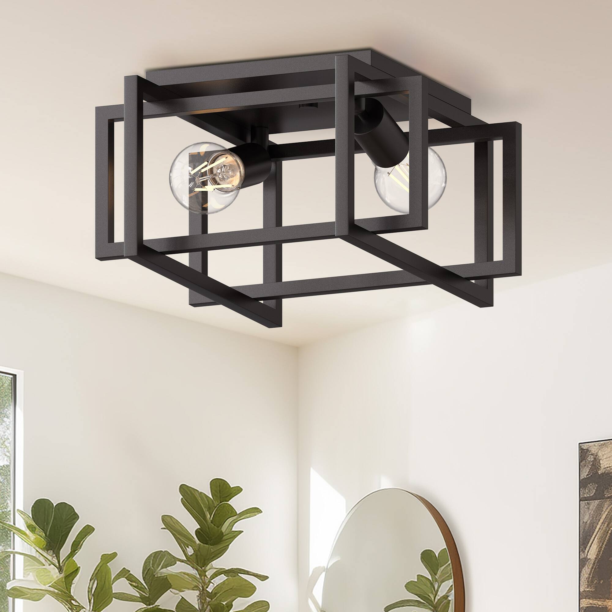 Back. Jandcase - JANDCASE Vintage Industrial Semi-Flush Mount Ceiling Light, E26 Socket, Non-Integrated Bulbs for Living Room - Black.