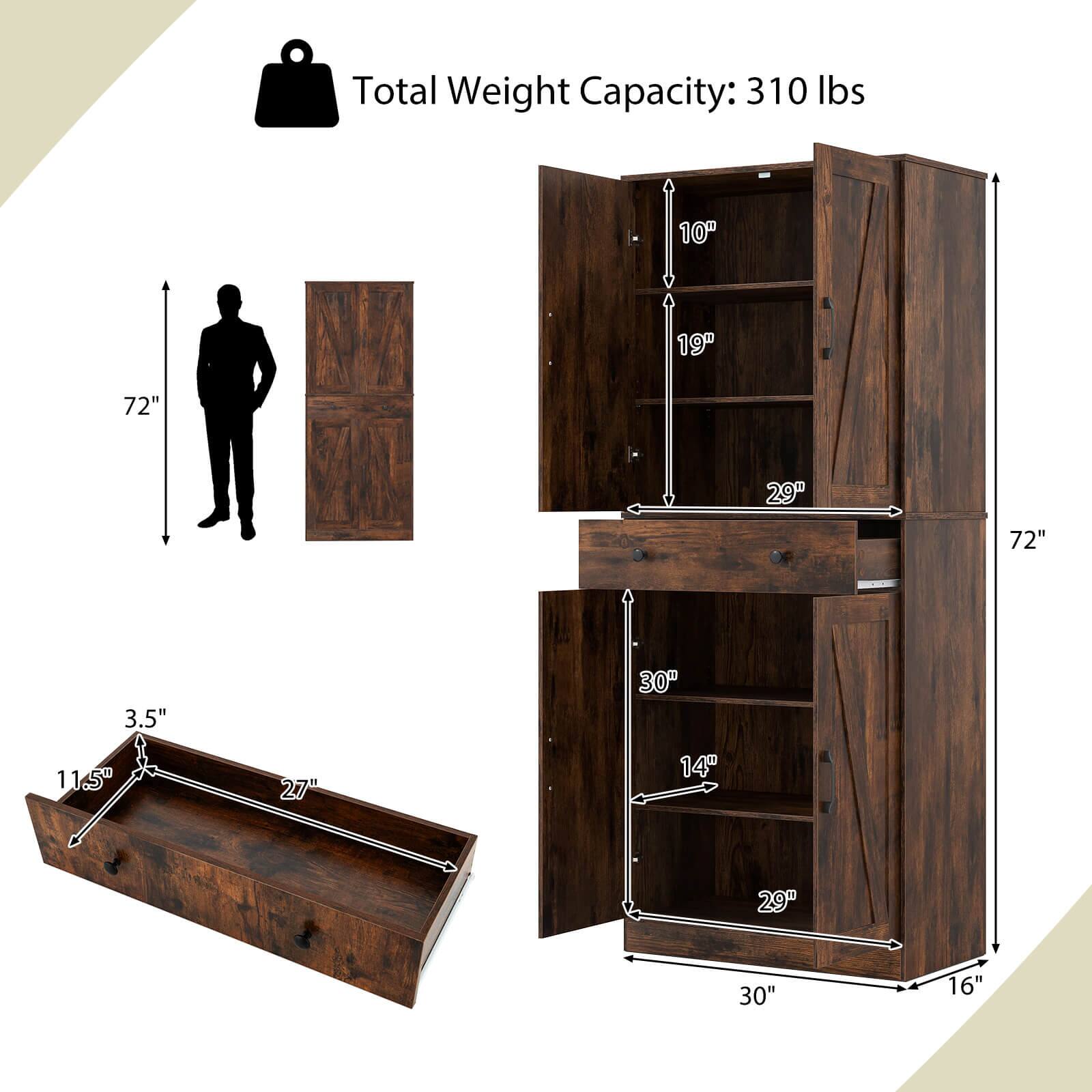 Total Weight Capacity: 310 lbs

- 72" (height)
- 10" (shelf height)
- 19" (shelf height)
- 29" (shelf height)
- 72" (height)
- 3.5" (drawer depth)
- 11.5" (drawer width)
- 27" (drawer length)
- 30" (width)
- 14" (shelf height)
- 29" (shelf height)
- 30" (width)
- 16" (depth)