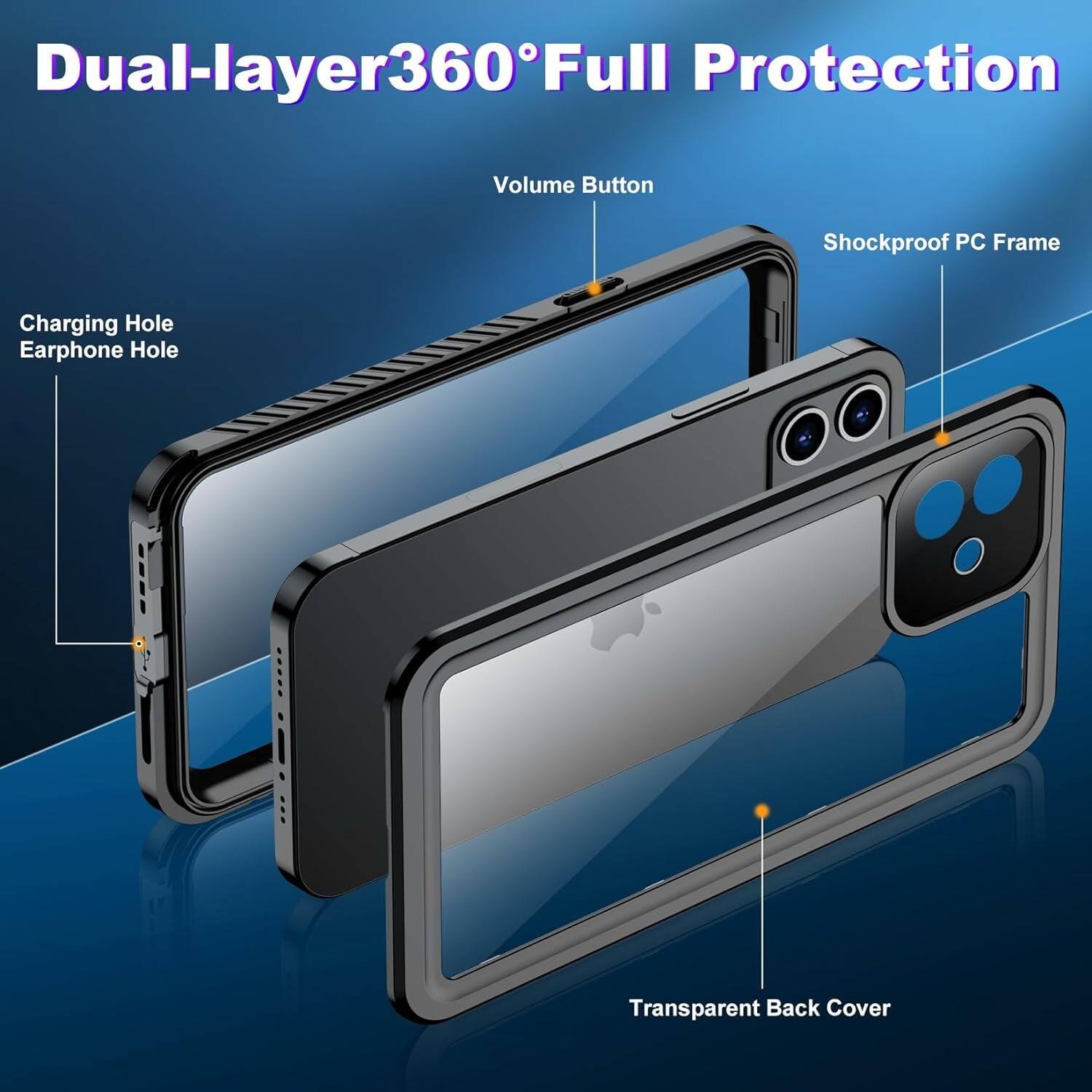 Dual-layer 360° Full Protection, Volume Button, Shockproof PC Frame, Charging Hole, Earphone Hole, Transparent Back Cover