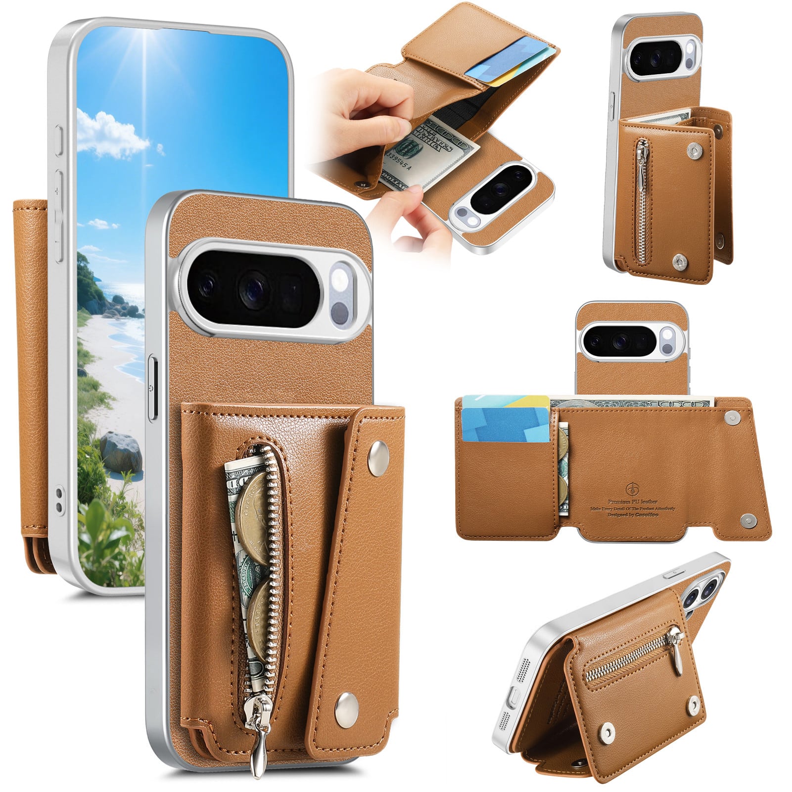 Dteck - PU Leather Wallet Case for Google Pixel 10 Pro XL, Shockproof Kickstand Phone Cover with Card Slots and Zipper Pocket - Brown price history on PriceWatchPro
