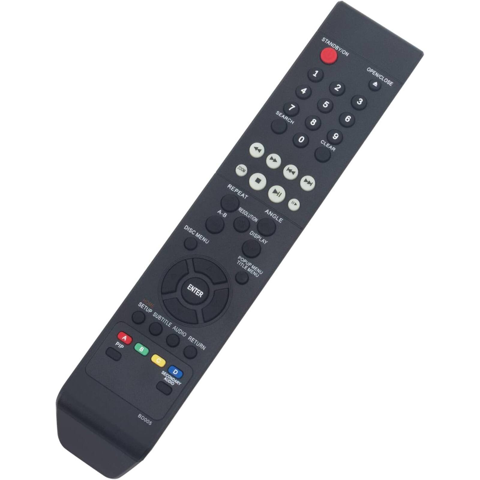 STANDBY ON  
OPEN/CLOSE  
1 2 3 4 5 6 7 8 9 0 CLEAR  
SEARCH  
REPEAT  
A-B  
RESOLUTION  
ANGLE  
DISC MENU  
DISPLAY TITLE  
POPUP MENU  
POPUP MENU  
ENTER  
SETUP  
SUBTITLE  
AUDIO  
RETURN  
PIP  
SECONDARY  
80005