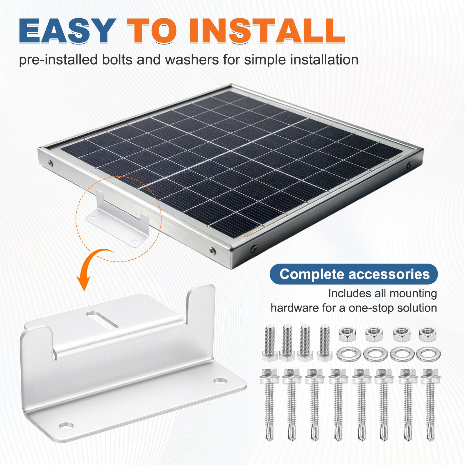 EASY TO INSTALL  
pre-installed bolts and washers for simple installation  

Complete accessories  
Includes all mounting hardware for a one-stop solution