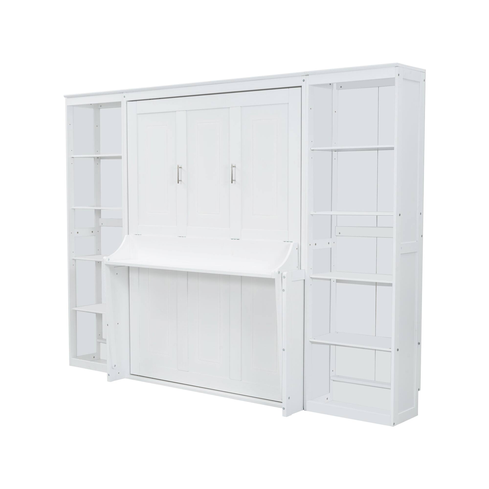 Alt View 7. Tiramisubest - White Solid Wood + MDF Full Size Murphy Bed with Desk and Bookshelf, 110x80x82 inches, 300 lbs - White.