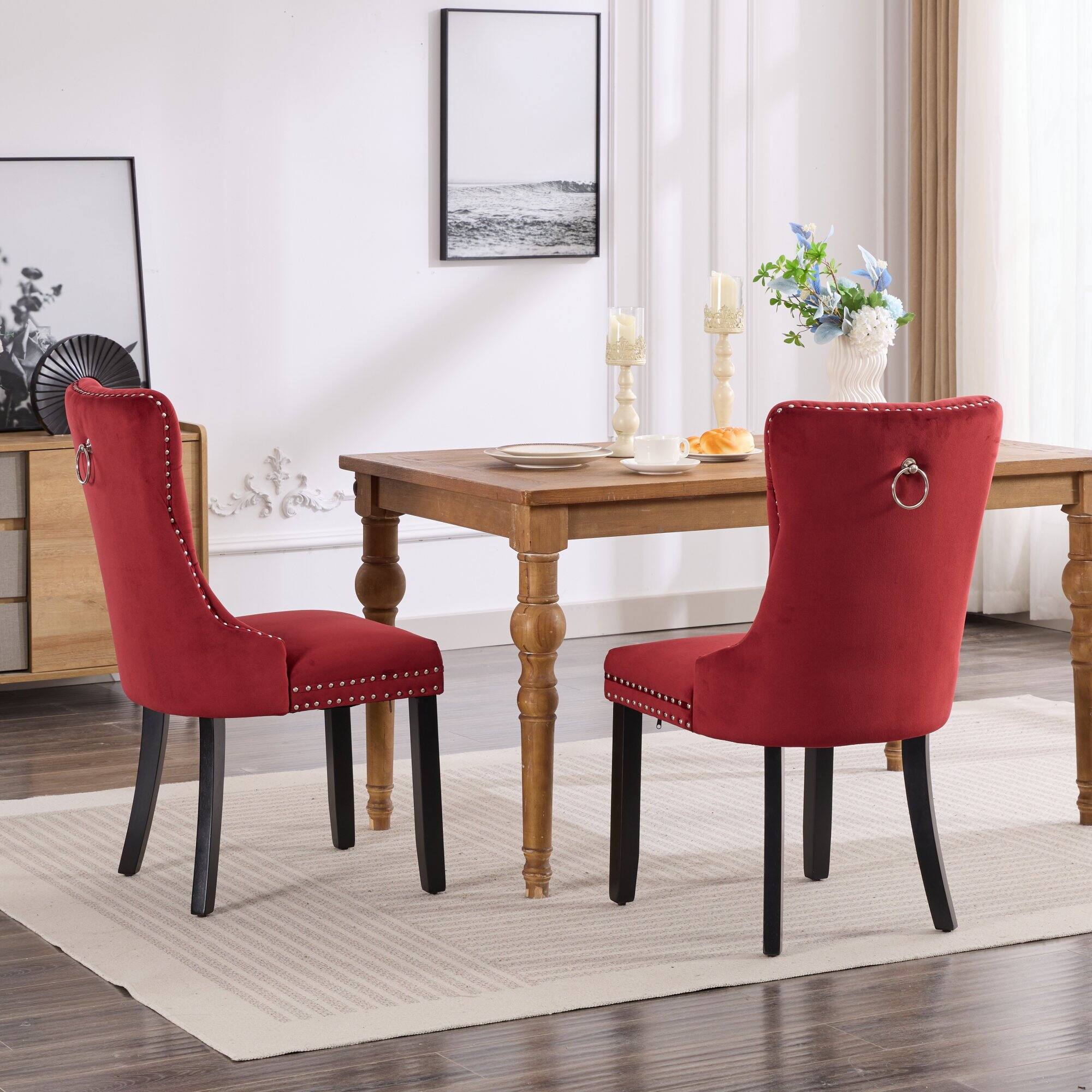 Back. Z-Edge - Velvet Dining Chairs Set of 2, Upholstered High-end Tufted Dining Room Chair with Nailhead Back Ring Pull Trim Wood Legs - Wine Red.