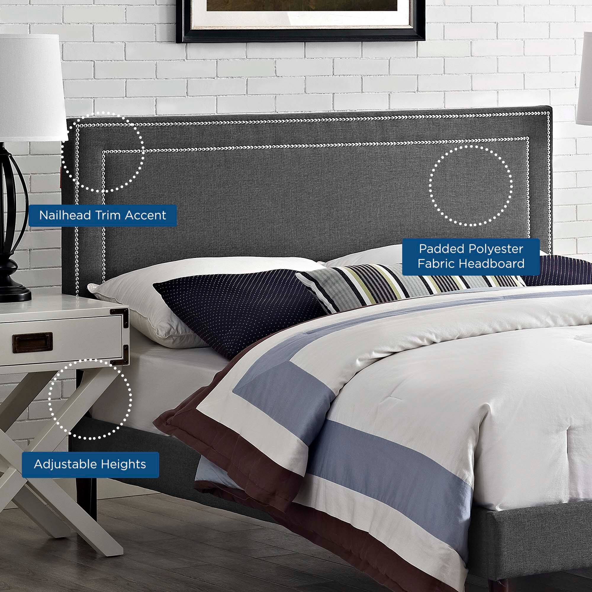 Nailhead Trim Accent  
Padded Polyester Fabric Headboard  
Adjustable Heights