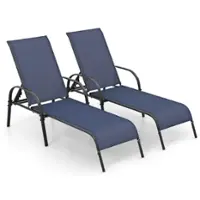 Costway 2 PCS Patio Lounge Chair Chaise Adjustable Reclining Armrest - Navy - Front_Zoom