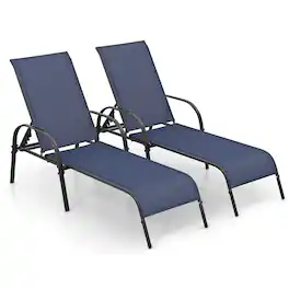 Costway - 2 PCS Patio Lounge Chair Chaise Adjustable Reclining Armrest - Navy