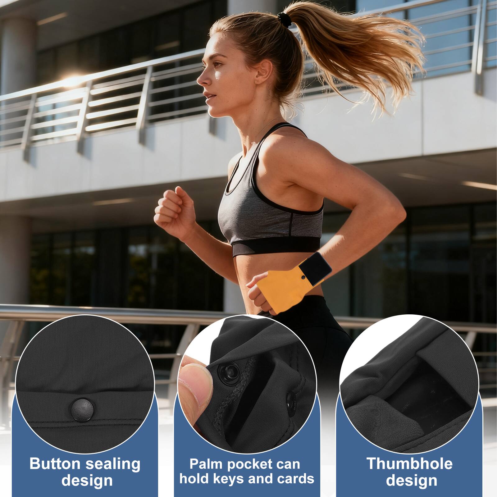 - Button sealing design
- Palm pocket can hold keys and cards
- Thumbhole design