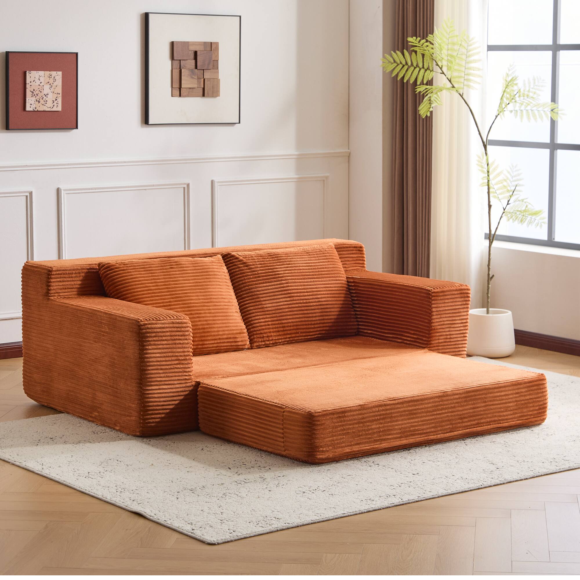 Left. Anysun - Loveseat Sofa Bed - Deep-Seat Corduroy Couch with Reversible Cushion & Pillows, No Assembly - Orange.