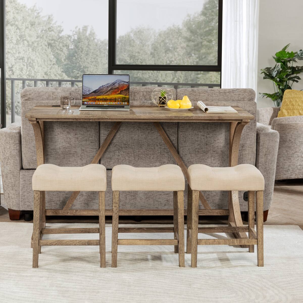 Angle. Loheer - Loheer Bar Table Set with Three Stools and Power Outlet, Brown Rectangular Dining Set - Brown.