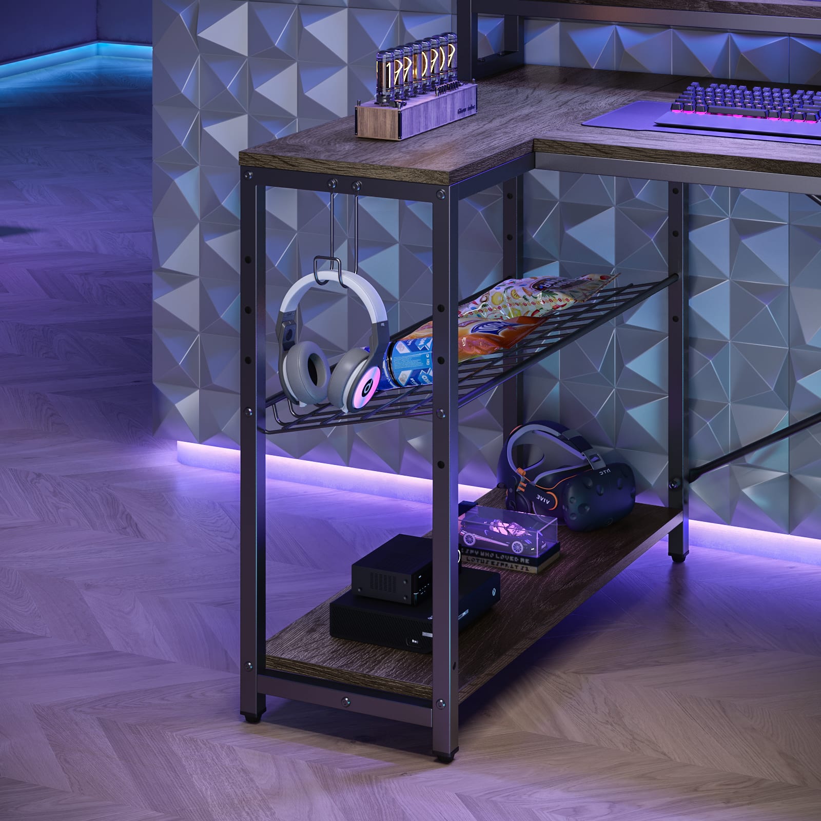 The image shows a desk with a shelf on it. The shelf is holding a variety of items, including a pair of headphones, a keyboard, and a mouse. There are also several books placed on the shelf. The desk is situated in a room with a hardwood floor. The arrangement of the items on the shelf suggests that it is a workspace or a study area.