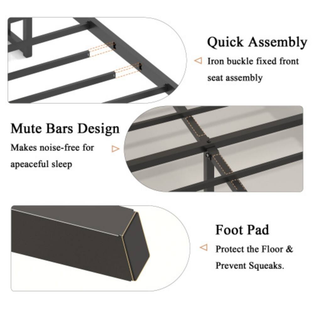Quick Assembly  
Iron buckle fixed front seat assembly  

Mute Bars Design  
Makes noise-free for a peaceful sleep  

Foot Pad  
Protect the Floor & Prevent Squeaks.