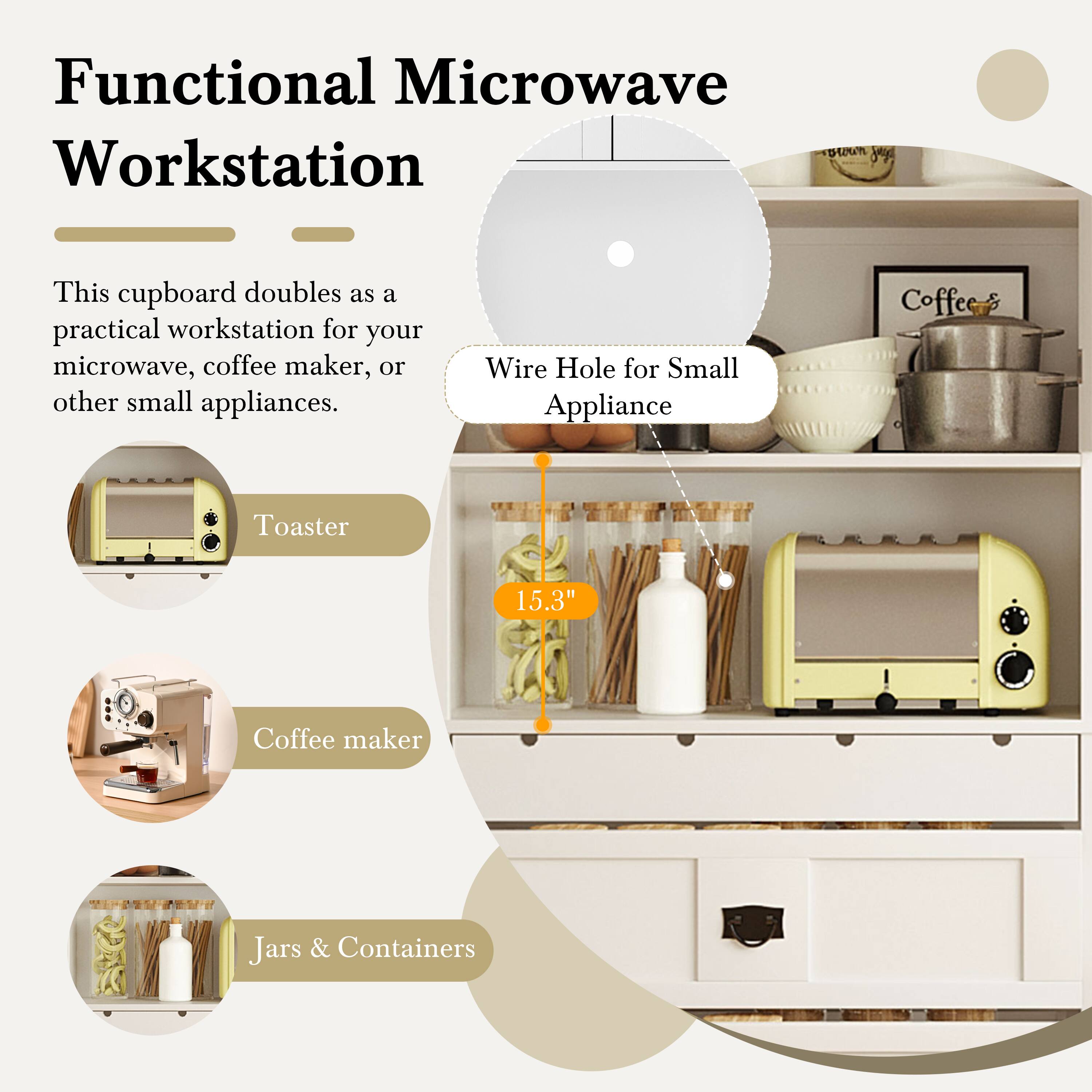 Functional Microwave Workstation  
This cupboard doubles as a practical workstation for your microwave, coffee maker, or other small appliances.  
Wire Hole for Small Appliance  
Toaster  
Coffee maker  
Jars & Containers  
15.3"