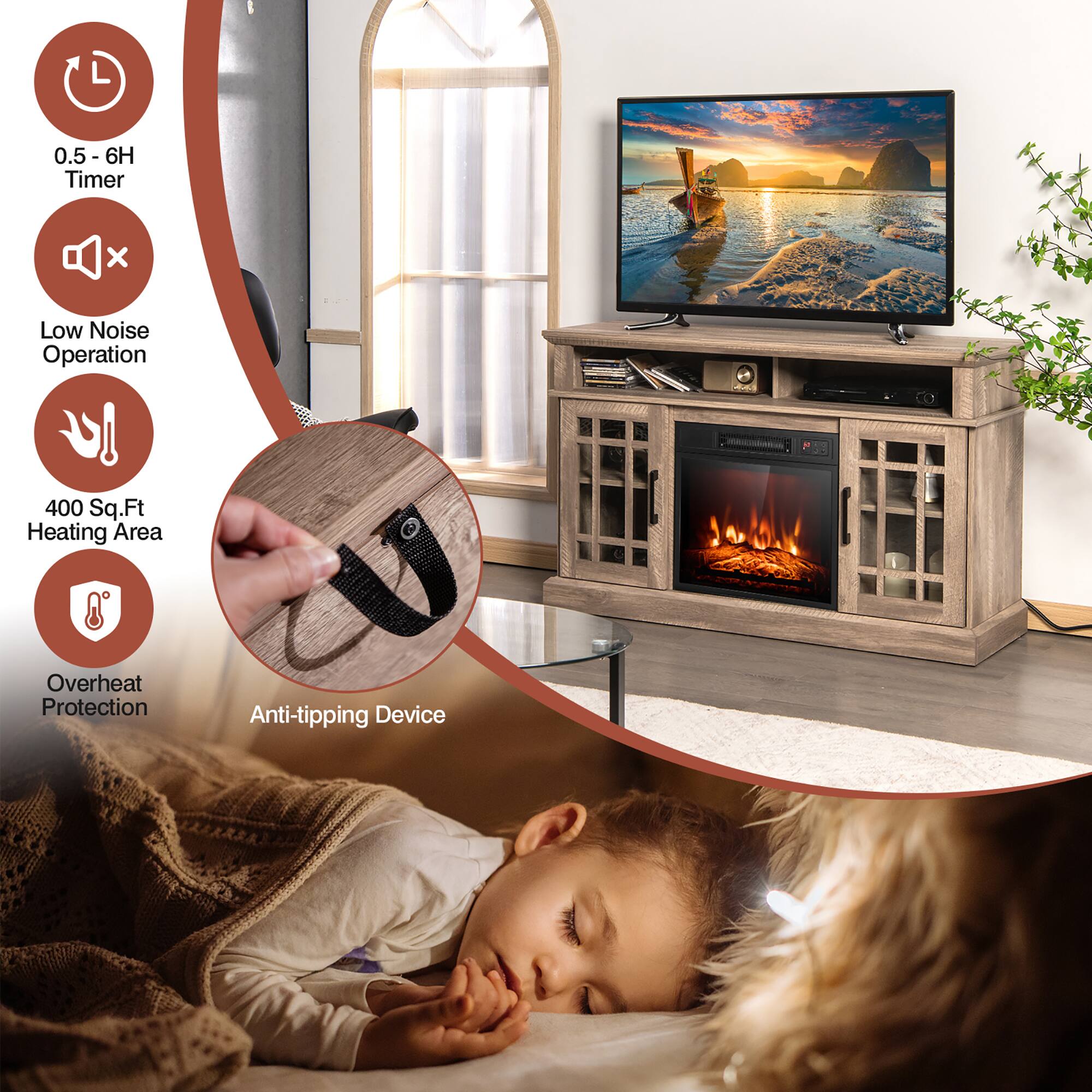 - 0.5 - 6H Timer
- Low Noise Operation
- 400 Sq.Ft Heating Area
- Overheat Protection
- Anti-tipping Device