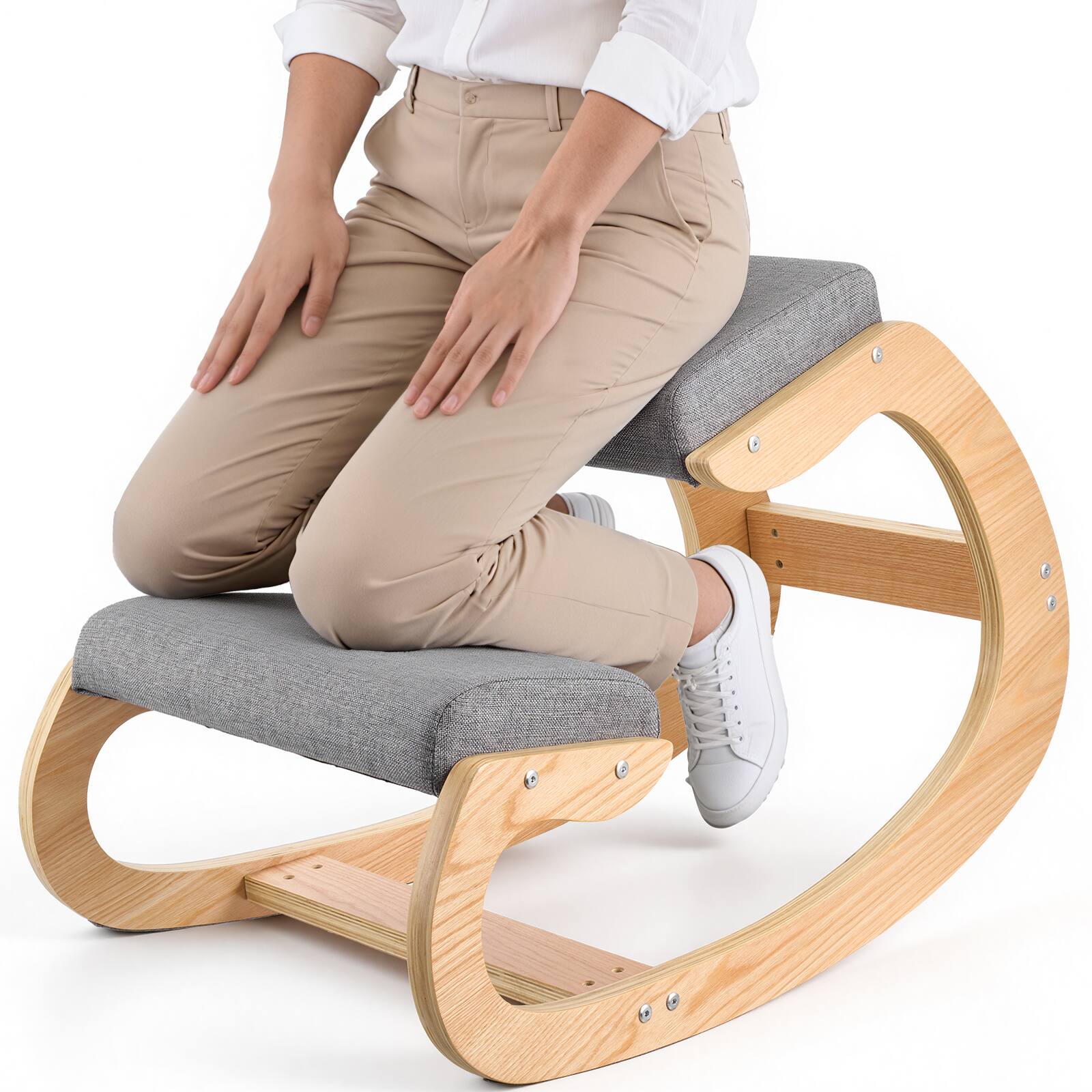 VEVOR - Ergonomic Kneeling Chair, Wooden Posture Knee Chair with Thick Foam Cushions and Solid Wood Frame, Adjustable Height - Natural wood frame + gray pad
