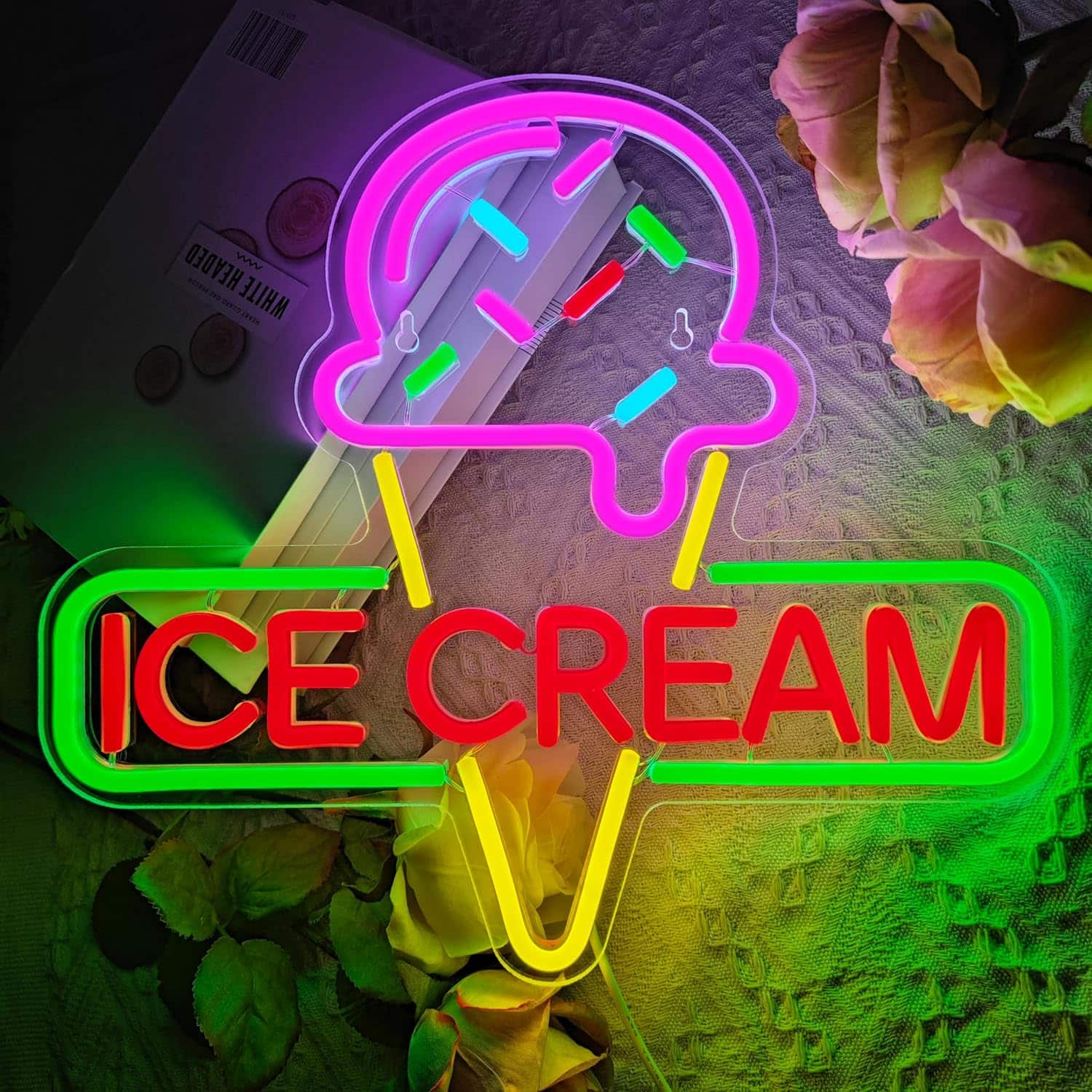 Auledio - Ice Cream Neon Sign Light up Acrylic LED Lamp with USB Powered Ice Cream Letter Neon Light Adjust Brightness - Multicolor