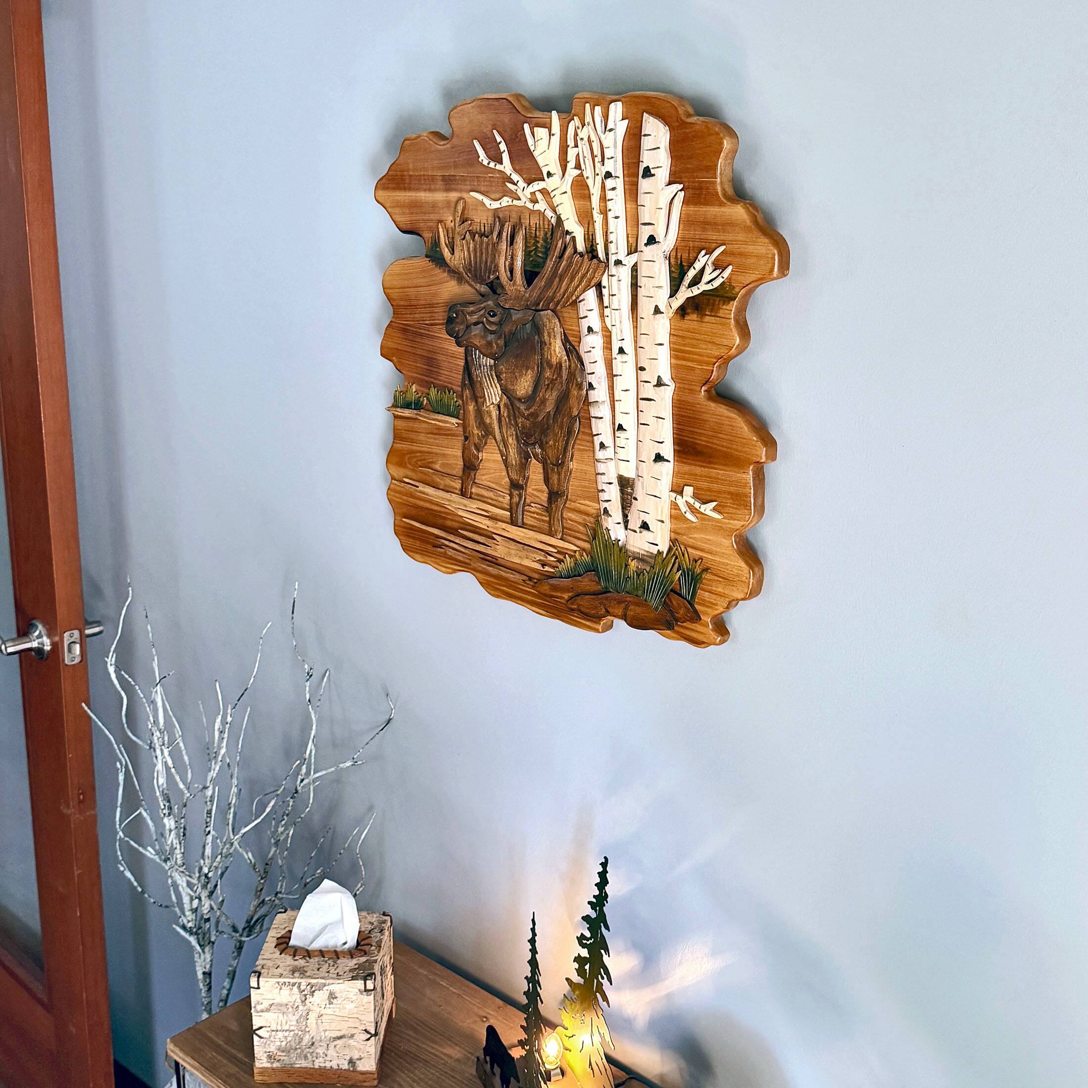Alt View 4. Zeckos - Moose in Birch Forest 23.5 inch Rustic Intarsia Wood Wall Art Sculpture - Brown.