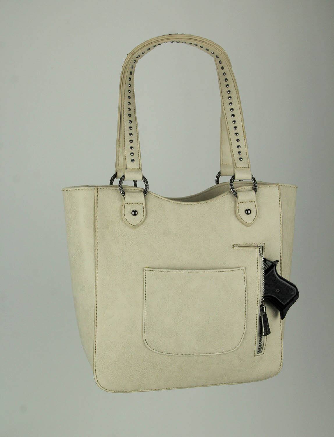Alt View 1. Trinity Ranch - Montana West Trinity Ranch Hair-On Leather Trim Tooled Concealed Carry Tote Bag - Beige.