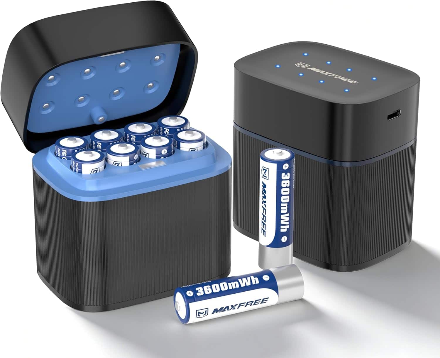 Maxfree - Rechargeable AA Batteries Lithium with Charger, 8-Pack 1.5V 3600mWh Long Lasting Double A Batteries with LED Dis