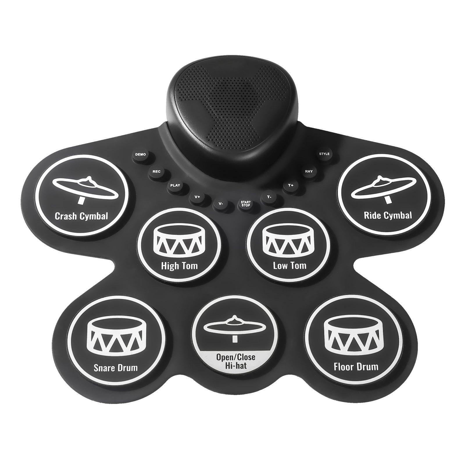 Sure, here is the corrected and grouped text from the image:

- Crash Cymbal
- High Tom
- Low Tom
- Snare Drum
- Open/Close Hi-hat
- Floor Drum
- Ride Cymbal

Controls:
- DEMO
- REC
- PLAY
- START STOP
- STYLE
- RHY
- T+
- T-