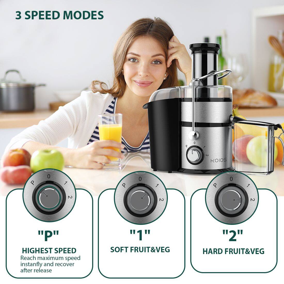 3 SPEED MODES

"P"  
HIGHEST SPEED  
Reach maximum speed instantly and recover after release

"1"  
SOFT FRUIT&VEG

"2"  
HARD FRUIT&VEG