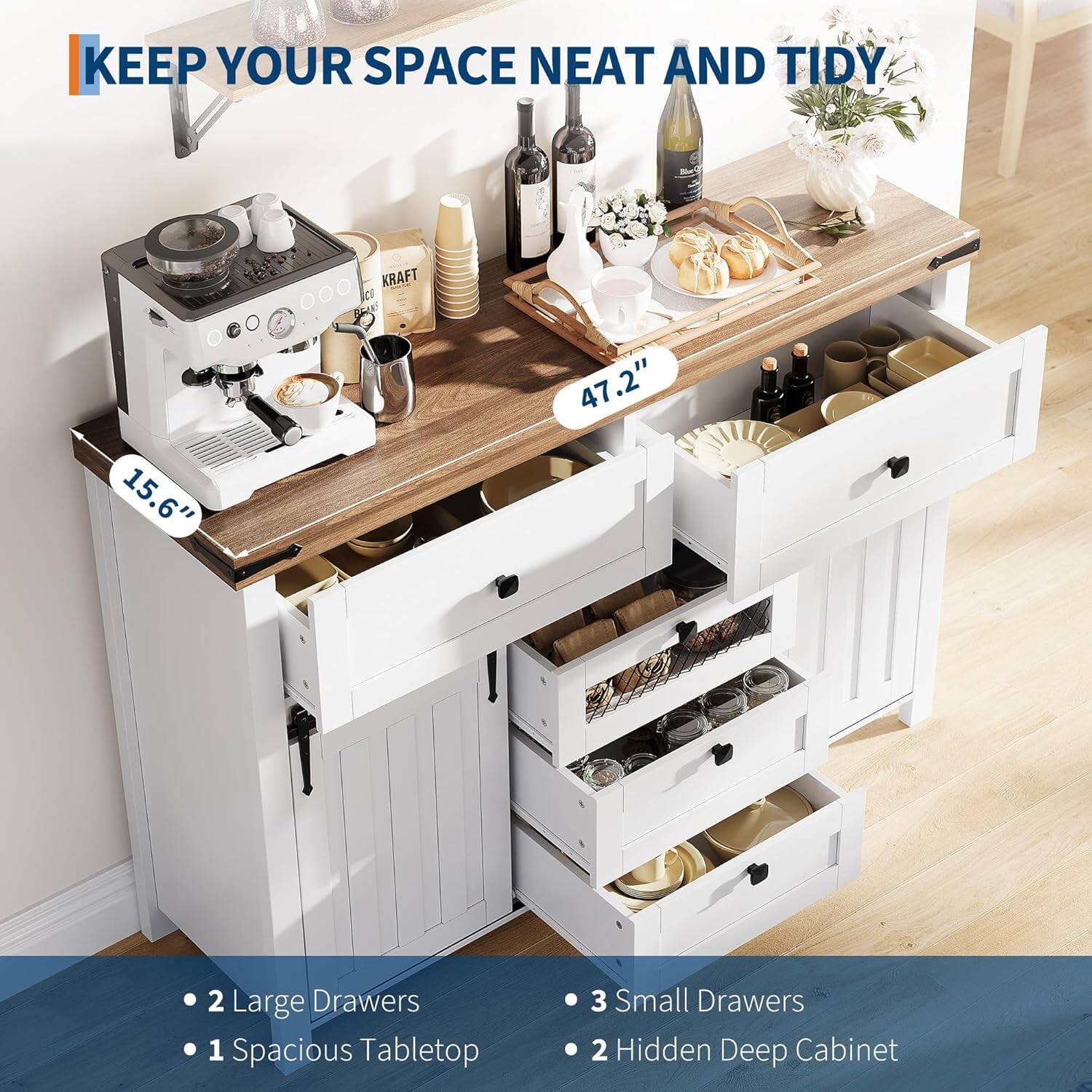 KEEP YOUR SPACE NEAT AND TIDY

15.6" 47.2"

- 2 Large Drawers
- 1 Spacious Tabletop
- 3 Small Drawers
- 2 Hidden Deep Cabinet