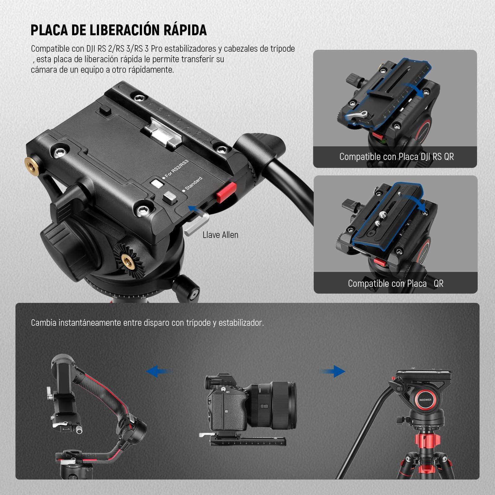 PLACA DE LIBERACIÓN RÁPIDA

Compatible con DJI RS 2/RS 3/RS 3 Pro estabilizadores y cabezales de trípode. Esta placa de liberación rápida le permite transferir su cámara de un equipo a otro rápidamente.

- Compatible con Placa DJI RS QR
- Compatible con Placa QR

Cambia instantáneamente entre disparo con trípode y estabilizador.