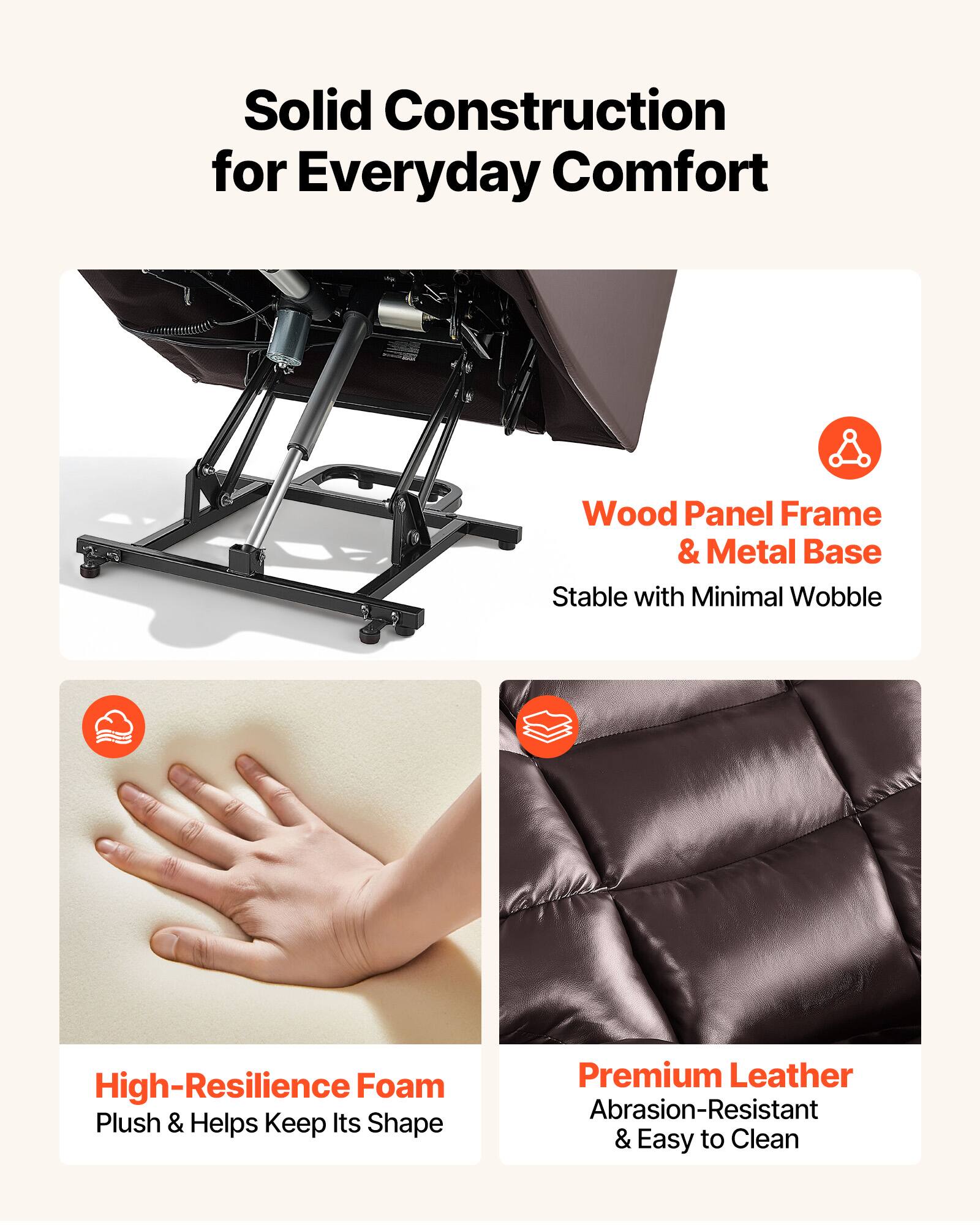 Solid Construction for Everyday Comfort

- Wood Panel Frame & Metal Base
  - Stable with Minimal Wobble

- High-Resilience Foam
  - Plush & Helps Keep Its Shape

- Premium Leather
  - Abrasion-Resistant & Easy to Clean