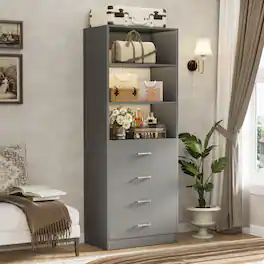 Aheaplus - 80'' Tall Bookcase with 4 Wooden Drawers, 21.3'' Wide Storage Unit with Adjustable Shelves - Gray