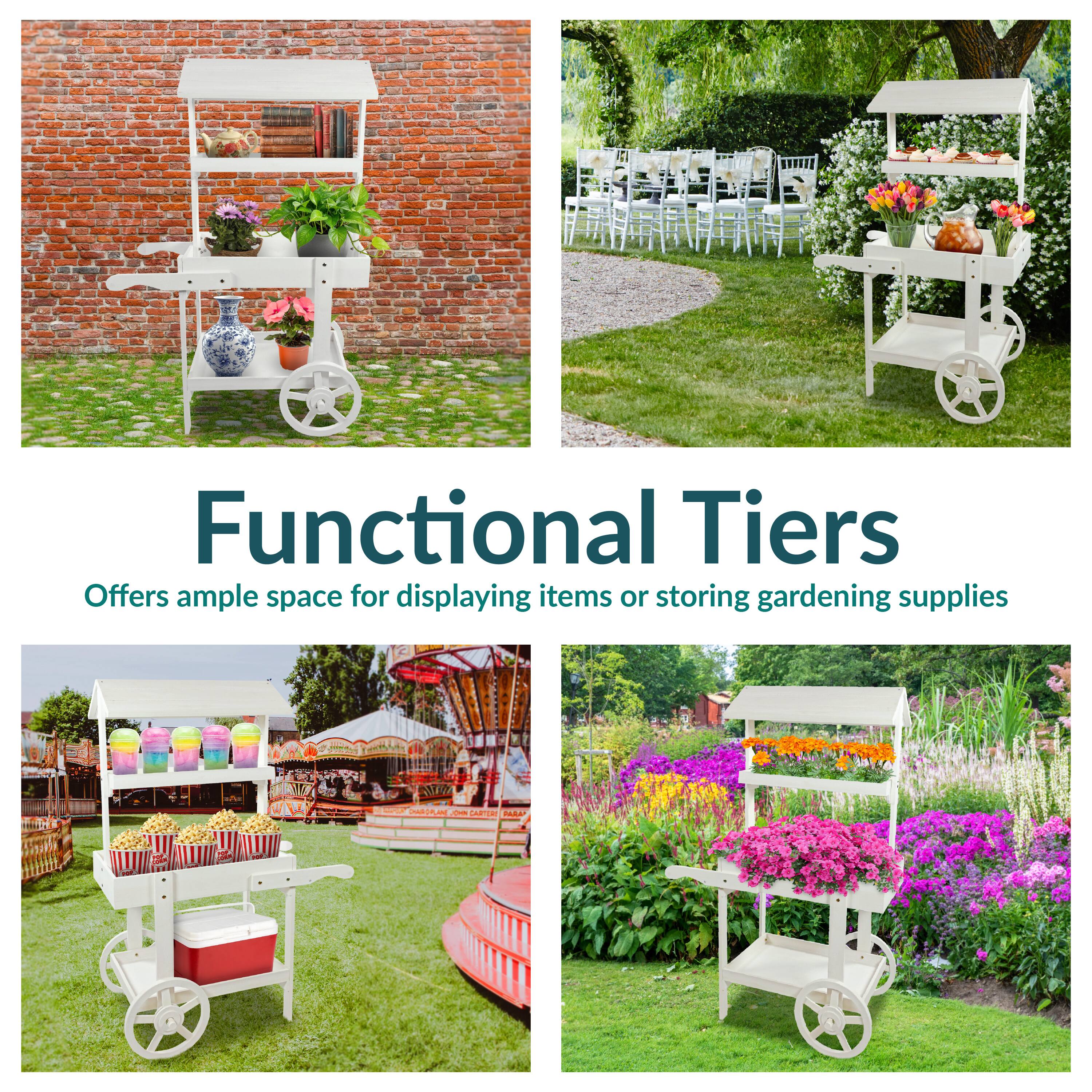 Functional Tiers  
Offers ample space for displaying items or storing gardening supplies