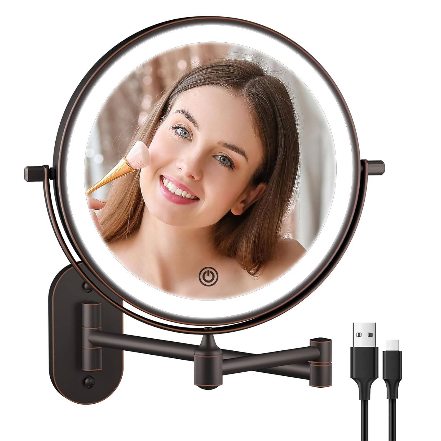 Stamp n Camp - Rechargeable Wall Mounted Lighted Makeup Vanity Mirror 8 Inch Double Sided 1X 10X Magnifying Bathroom Mirror, 3 Color - Antique Bronze