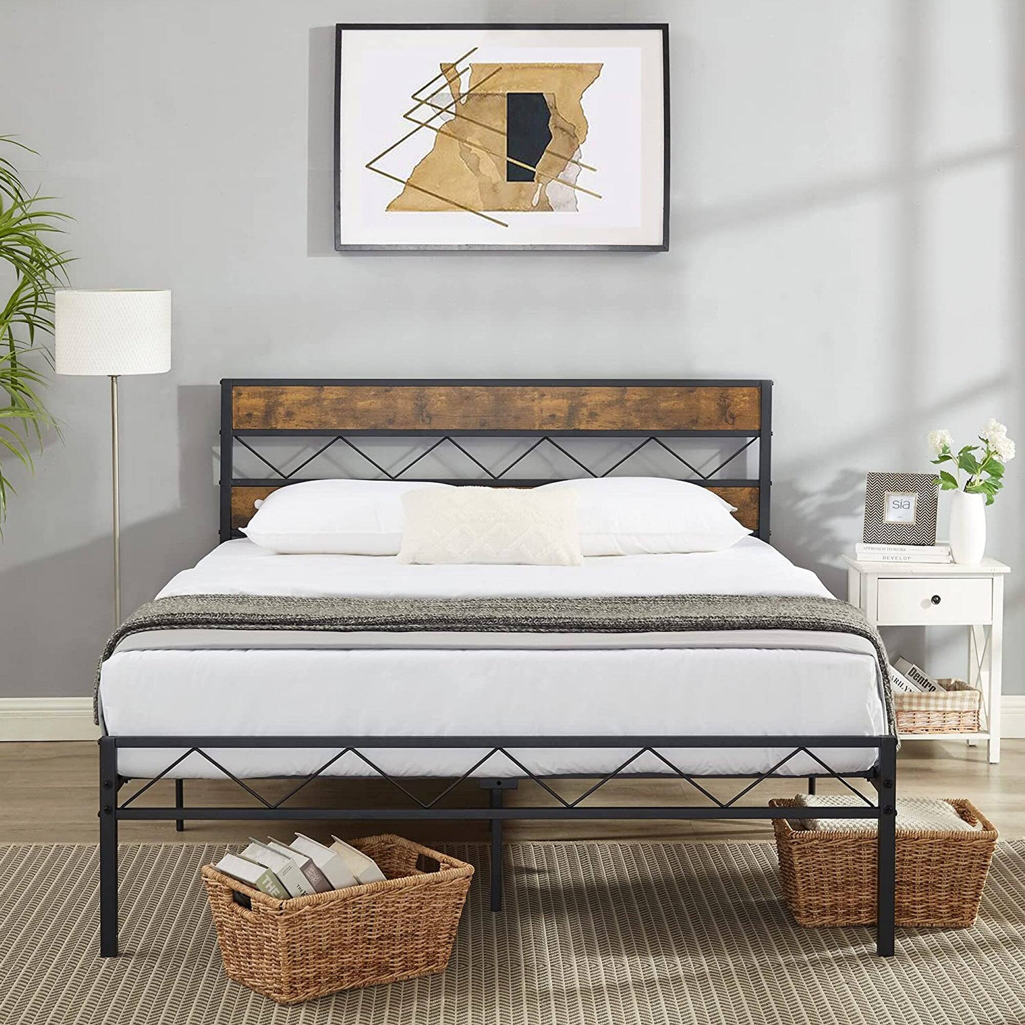 Vecelo - Queen Size Metal Bed Frame with Wood Headboard, Platform Bed Frame with Storage, No Box Spring Needed - Black