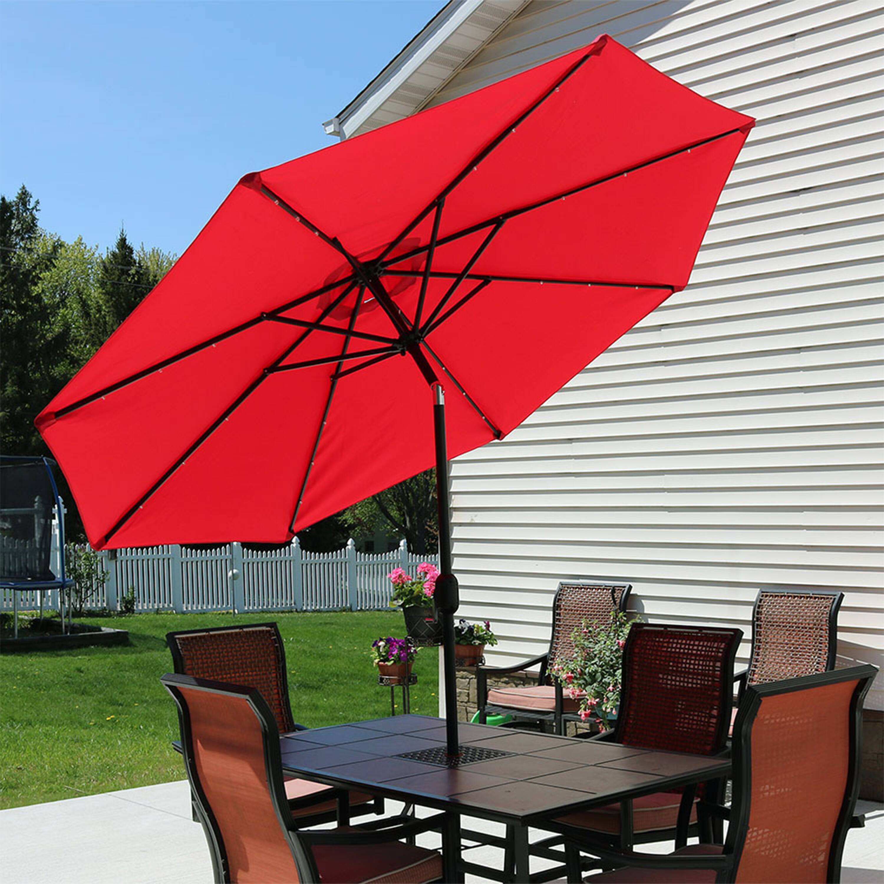Alt View 3. Sunnydaze - 9 ft Solar Aluminum Patio Umbrella with Tilt and Crank - Red.