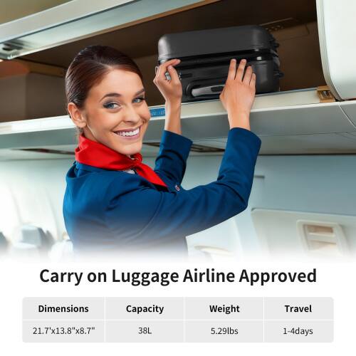 Carry on Luggage Airline Approved

Dimensions: 21.7" x 13.8" x 8.7"
Capacity: 38L
Weight: 5.29lbs
Travel: 1-4 days