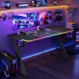 RSPGAME - Gaming Desk with LED Lights, X-Shaped Frame Computer Desk with Hook Cup Holder & Side Bag, Desk Gamer for Home Office - 43'' Black