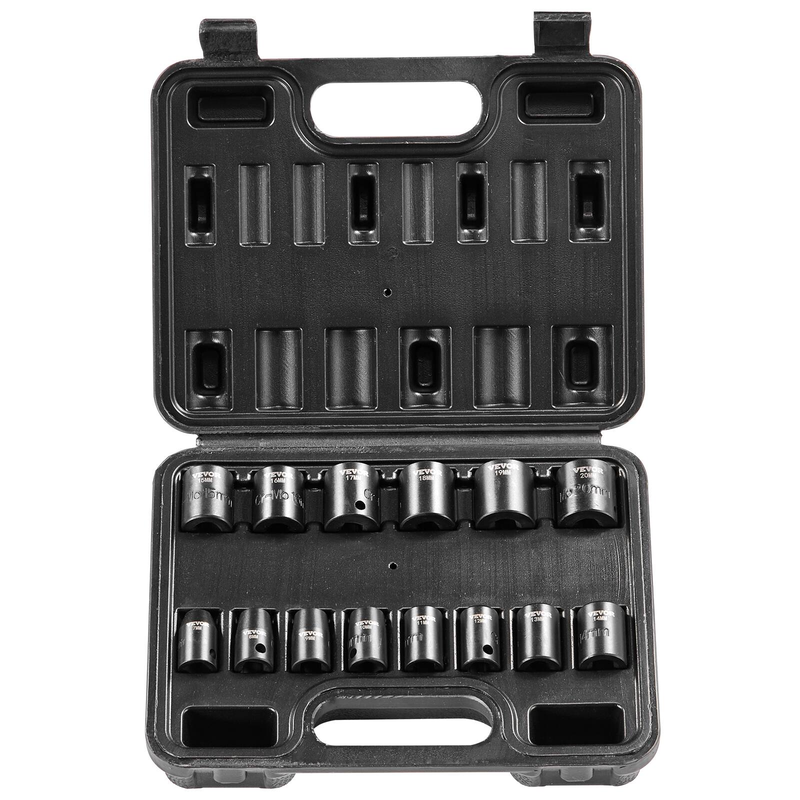 VEVOR - 3/8" Drive Impact Socket Set, 14 Piece Shallow Socket Set Metric 7-20mm, 6 Point Cr-Mo Alloy Steel for Auto Repair - Black
